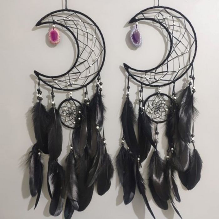 Black Sickle Crescent Moon Dreamcatcher With Agate Charm