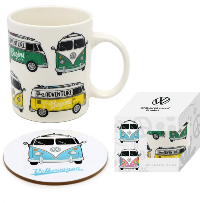 Volkswagen VW T1 Camper Bus Porcelain Mug & Coaster Set