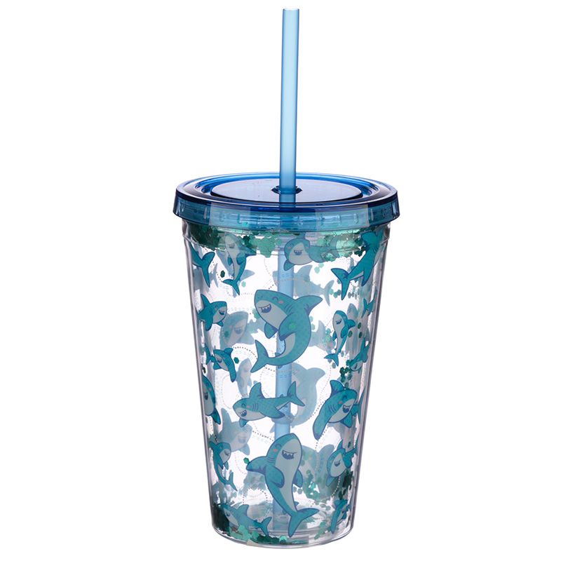 Glitter Shark Design Double Walled Reusable Cup with Straw  